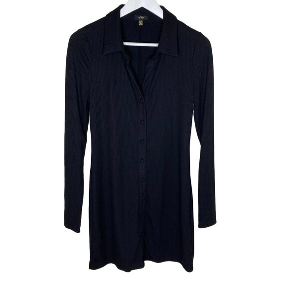 AFRM Y2K-Style Black Ribbed Long Sleeve Button Up Mini Shirt Dress, Size Medium - Picture 1 of 9